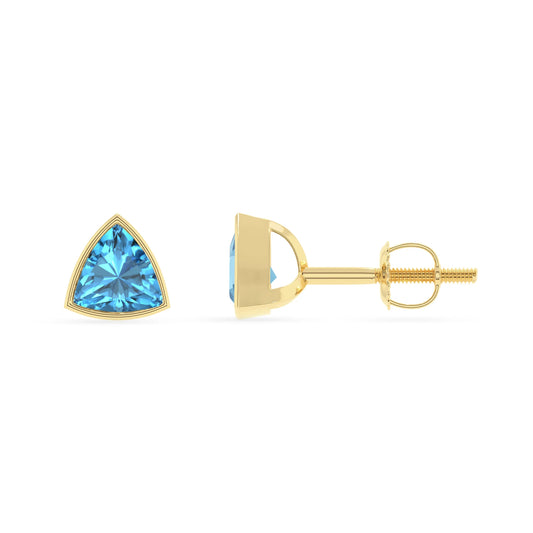 natural swiss blue topaz trillion stud earrings in yellow gold 