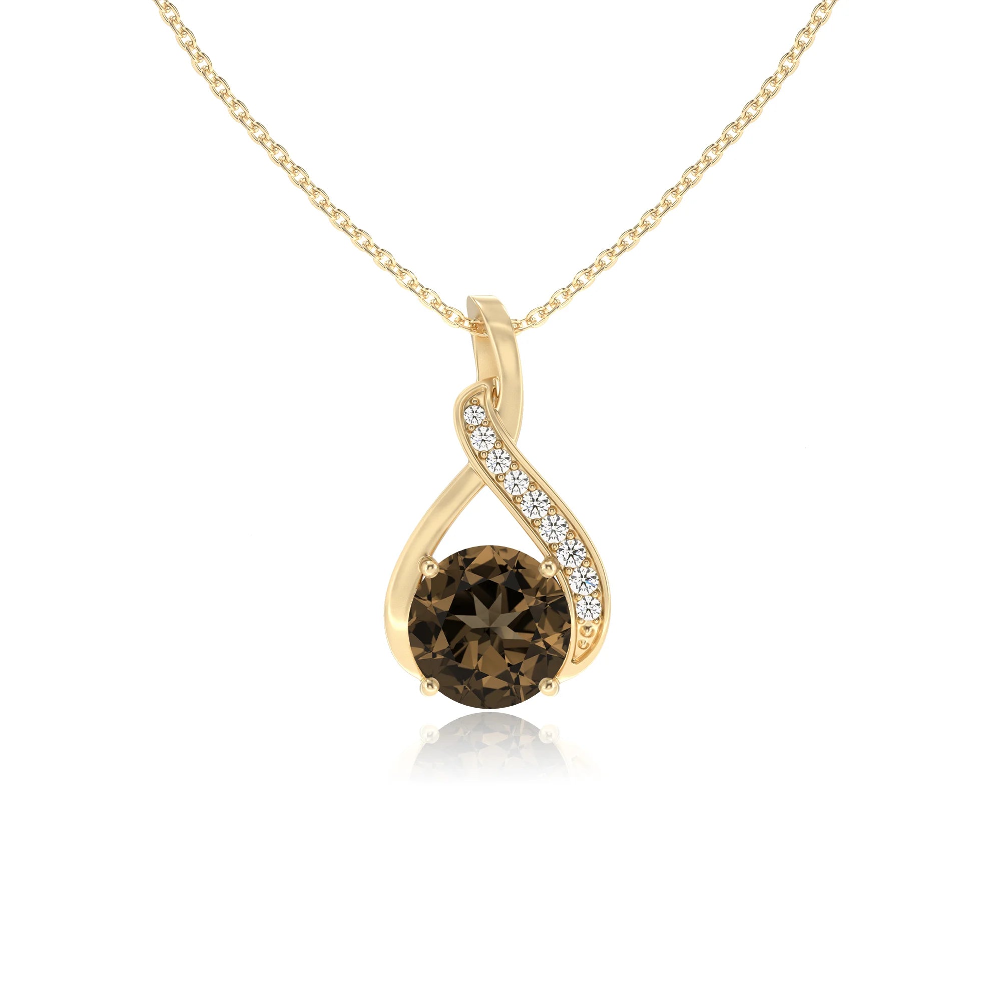 natural smoky-quartz round solitaire necklaces in yellow gold 