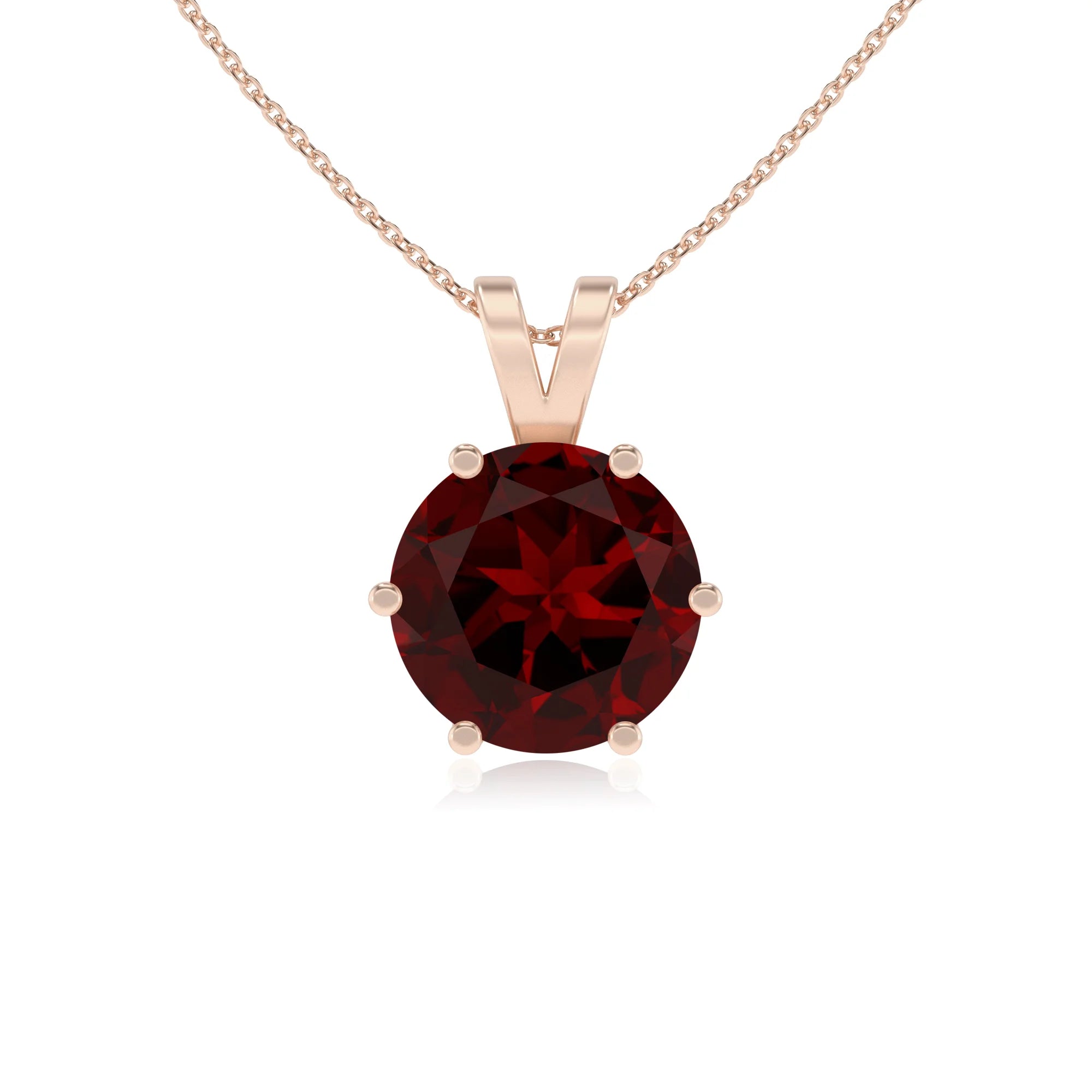 natural garnet round solitaire v-bale necklaces in rose gold 