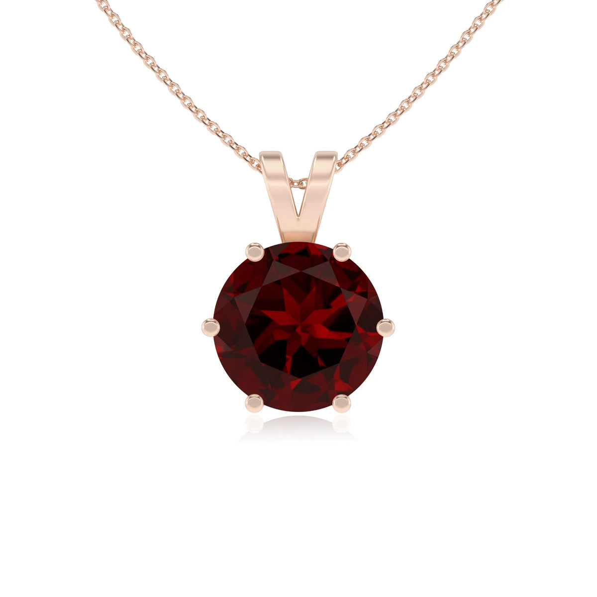 natural garnet round solitaire v-bale necklaces in rose gold 