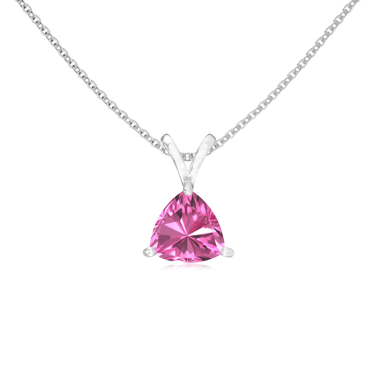 lab grown pink-sapphire trillion solitaire v-bale necklaces in sterling silver 
