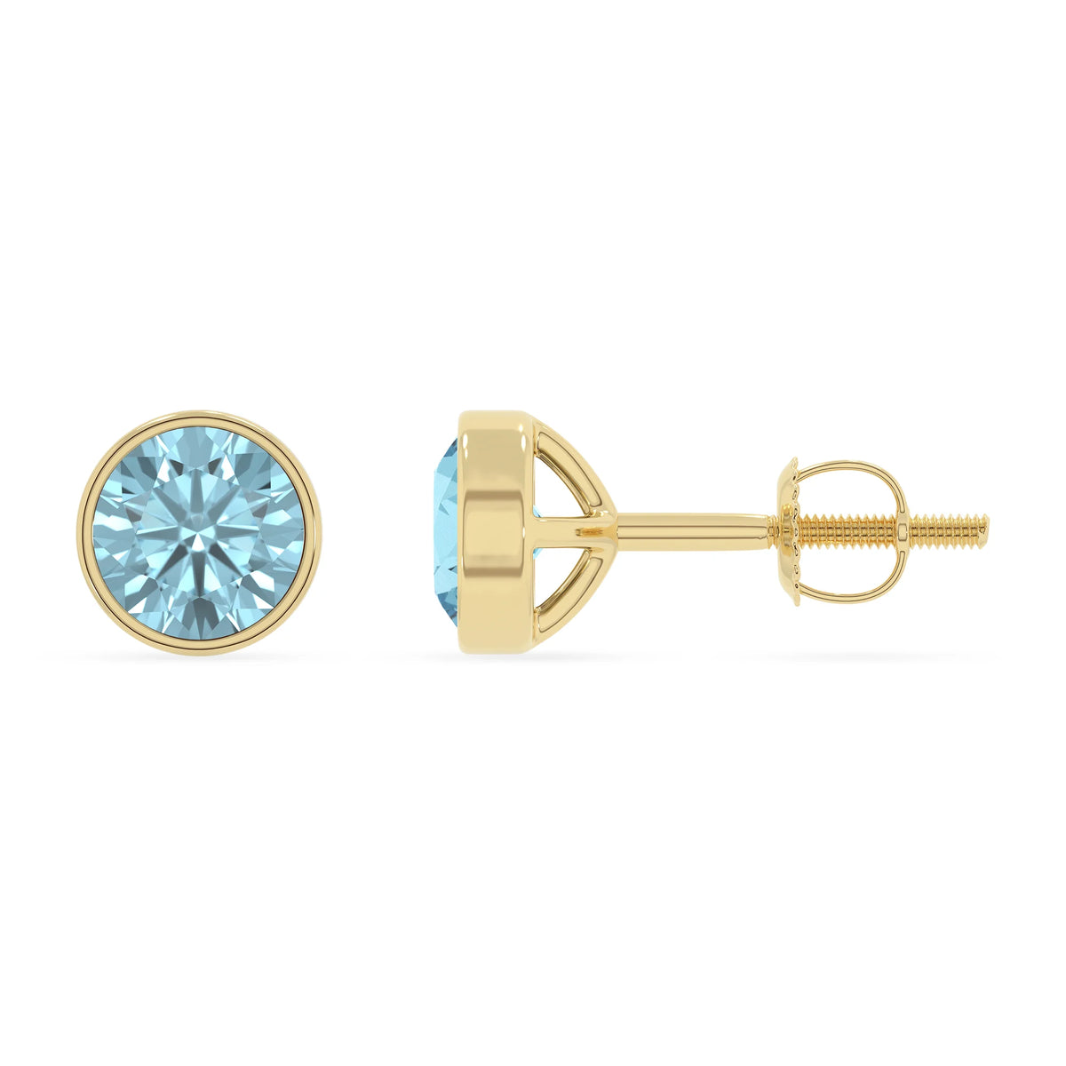 lab grown aquamarine round stud earrings in yellow gold 