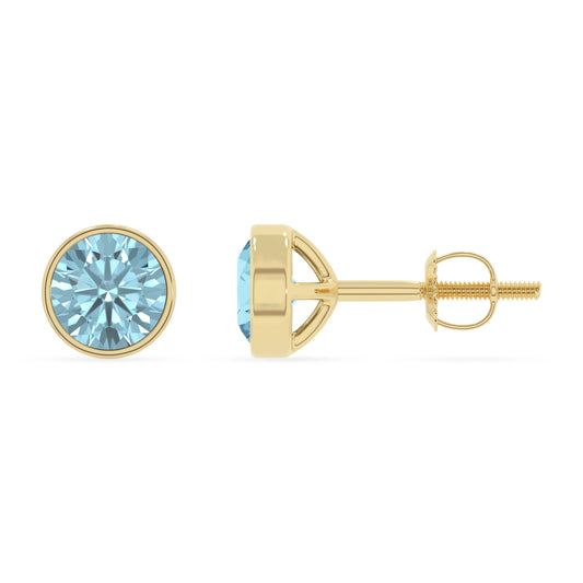 lab grown aquamarine round stud earrings in yellow gold 