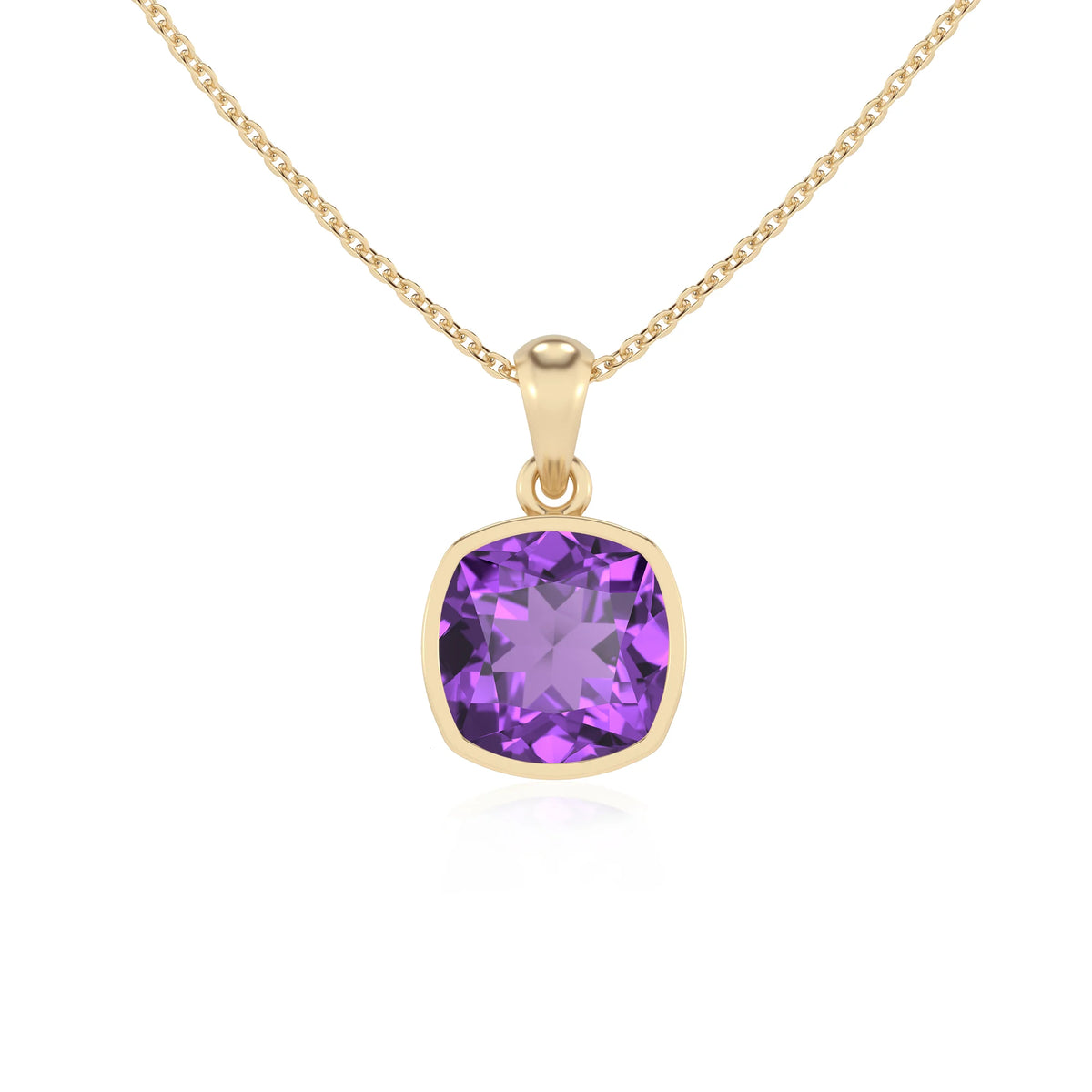 lab grown amethyst cushion solitaire necklaces in yellow gold 