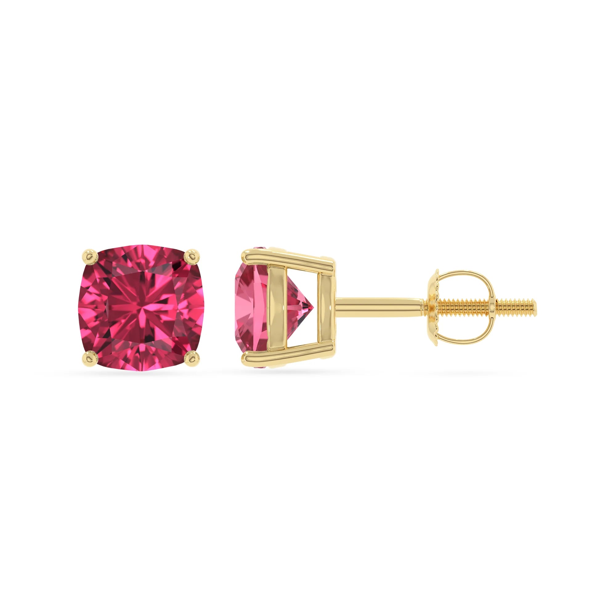 lab grown pink tourmaline cushion stud earrings in yellow gold 