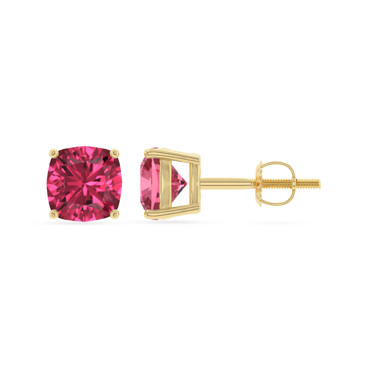 lab grown pink tourmaline cushion stud earrings in yellow gold 