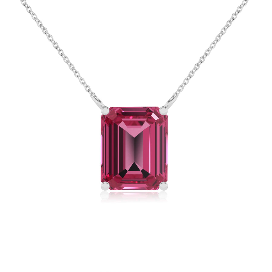 lab grown pink-tourmaline emerald cut solitaire necklaces in white gold 