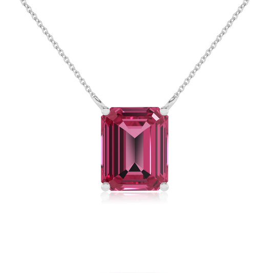 lab grown pink-tourmaline emerald cut solitaire necklaces in white gold 