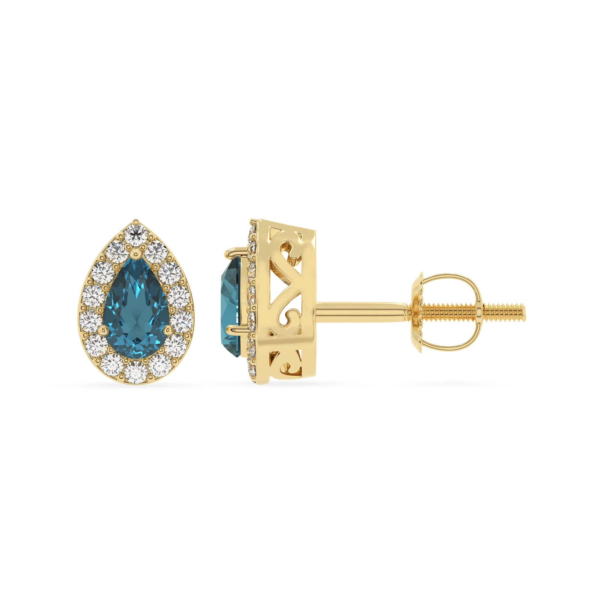 natural london blue topaz pear stud earrings in yellow gold 