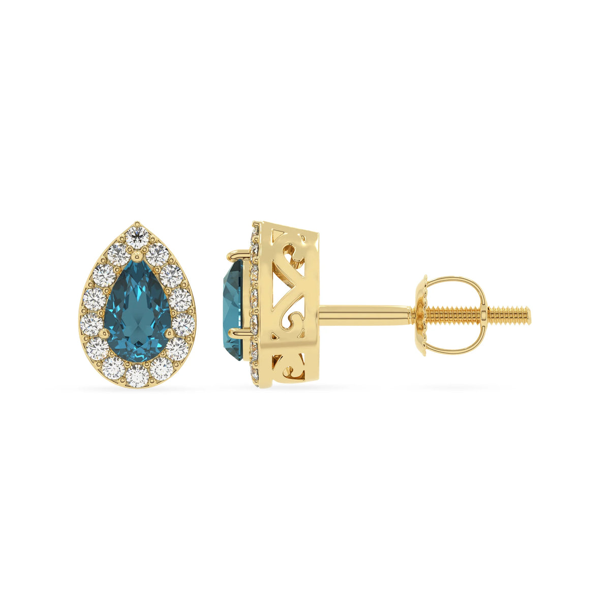natural london blue topaz pear stud earrings in yellow gold 