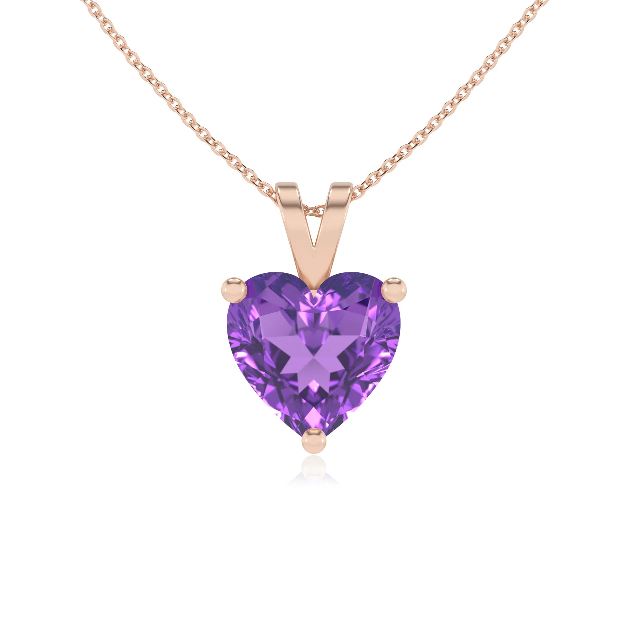 lab grown amethyst heart solitaire v-bale necklaces in rose gold 
