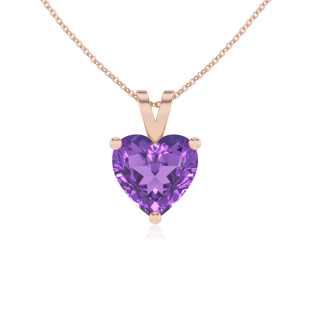 lab grown amethyst heart solitaire v-bale necklaces in rose gold 