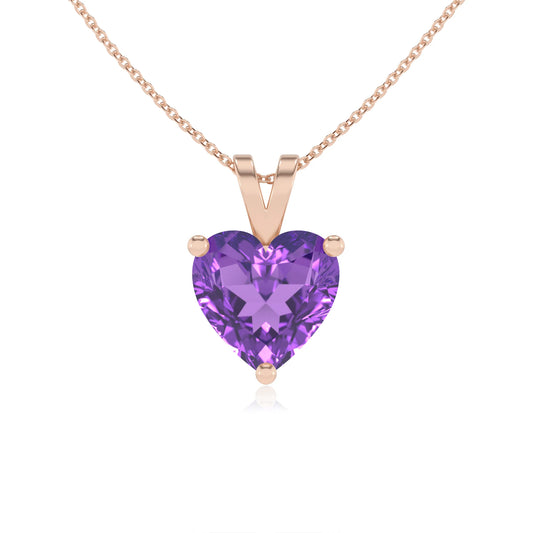 lab grown amethyst heart solitaire v-bale necklaces in rose gold 