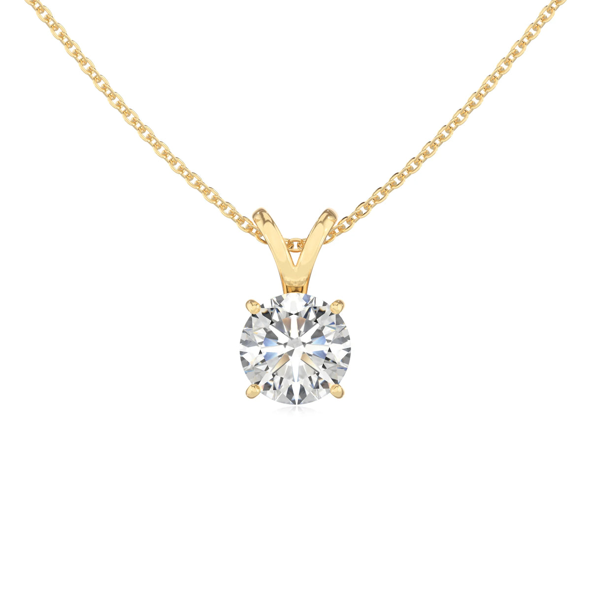lab grown moissanite round solitaire v-bale necklaces in yellow gold 