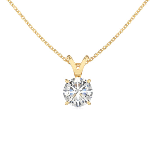 lab grown moissanite round solitaire v-bale necklaces in yellow gold 