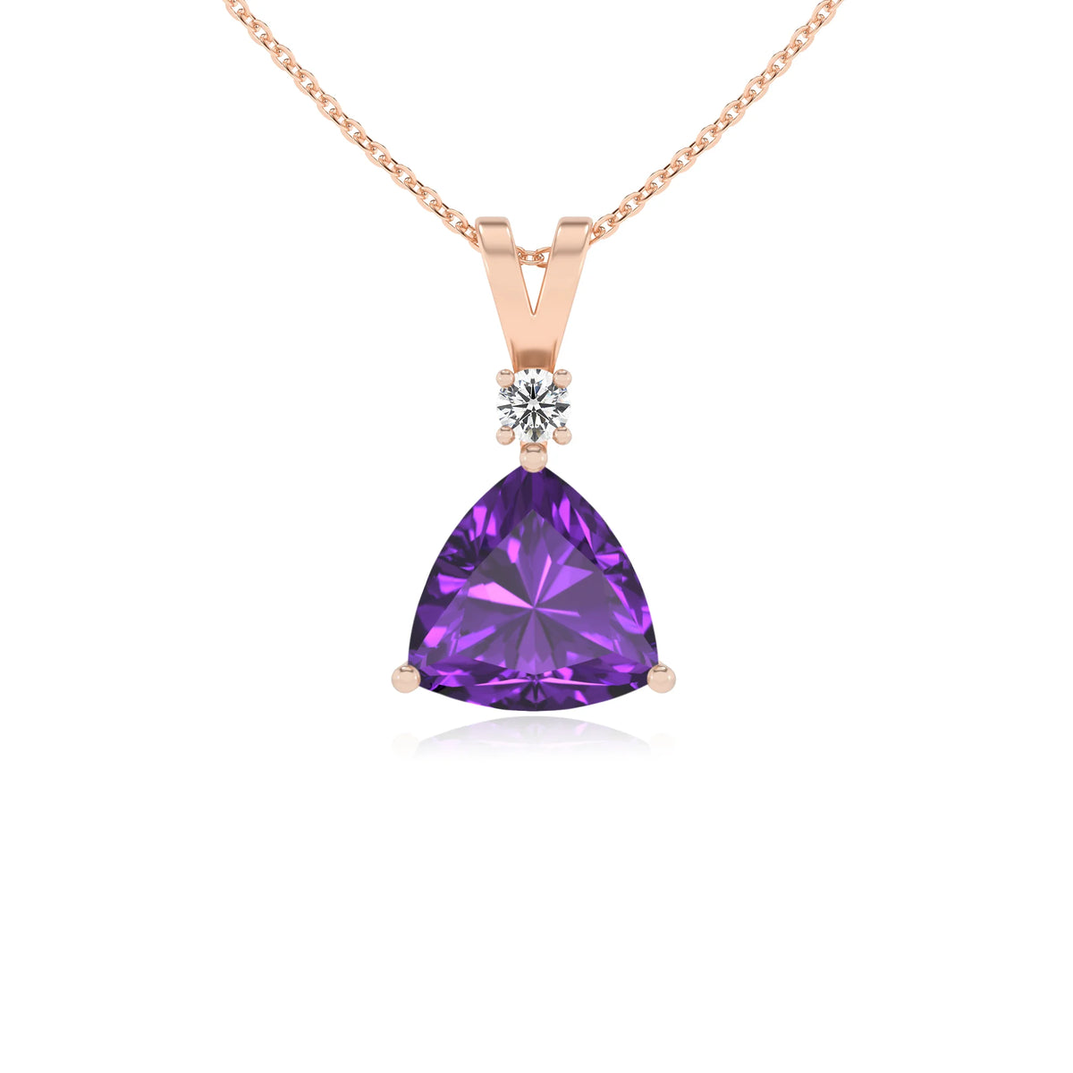 lab grown amethyst trillion solitaire v-bale necklaces in rose gold 