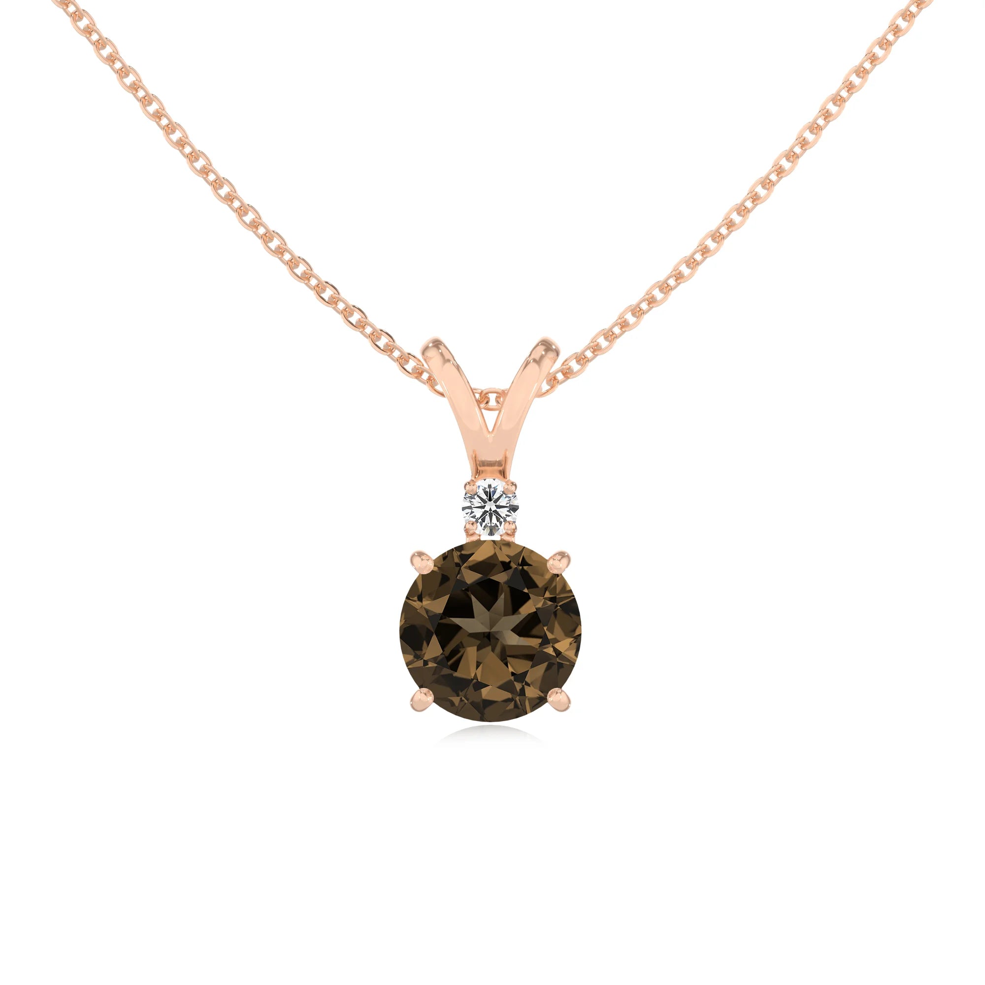 natural smoky-quartz round solitaire v-bale necklaces in rose gold 