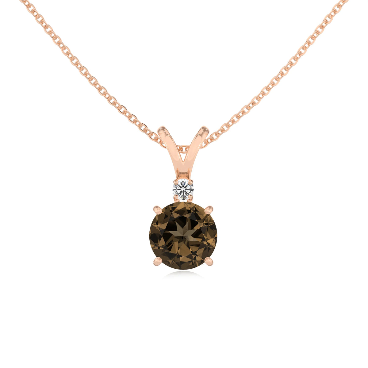 natural smoky-quartz round solitaire v-bale necklaces in rose gold 