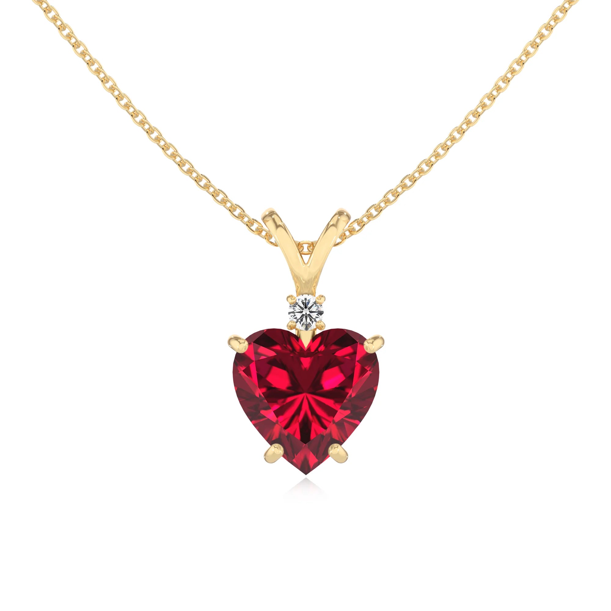 lab grown ruby heart solitaire v-bale necklaces in yellow gold 