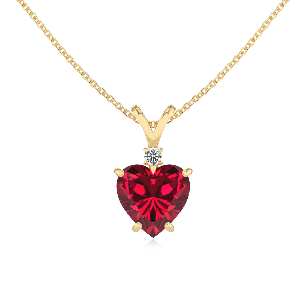 lab grown ruby heart solitaire v-bale necklaces in yellow gold 