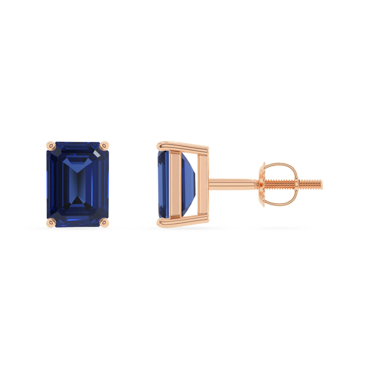 lab grown blue sapphire emerald cut stud earrings in rose gold 