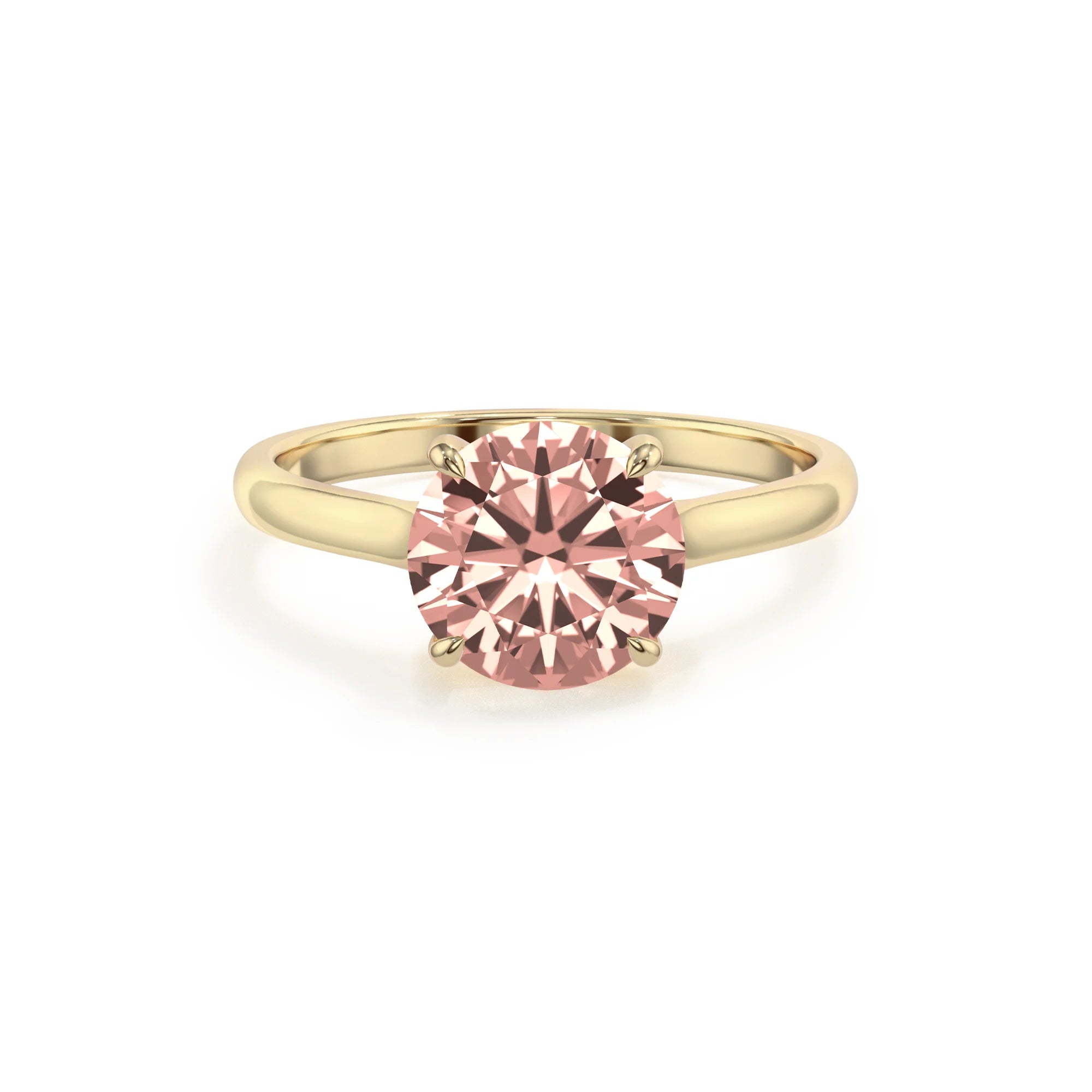 lab grown morganite round solitaire rings in yellow gold 