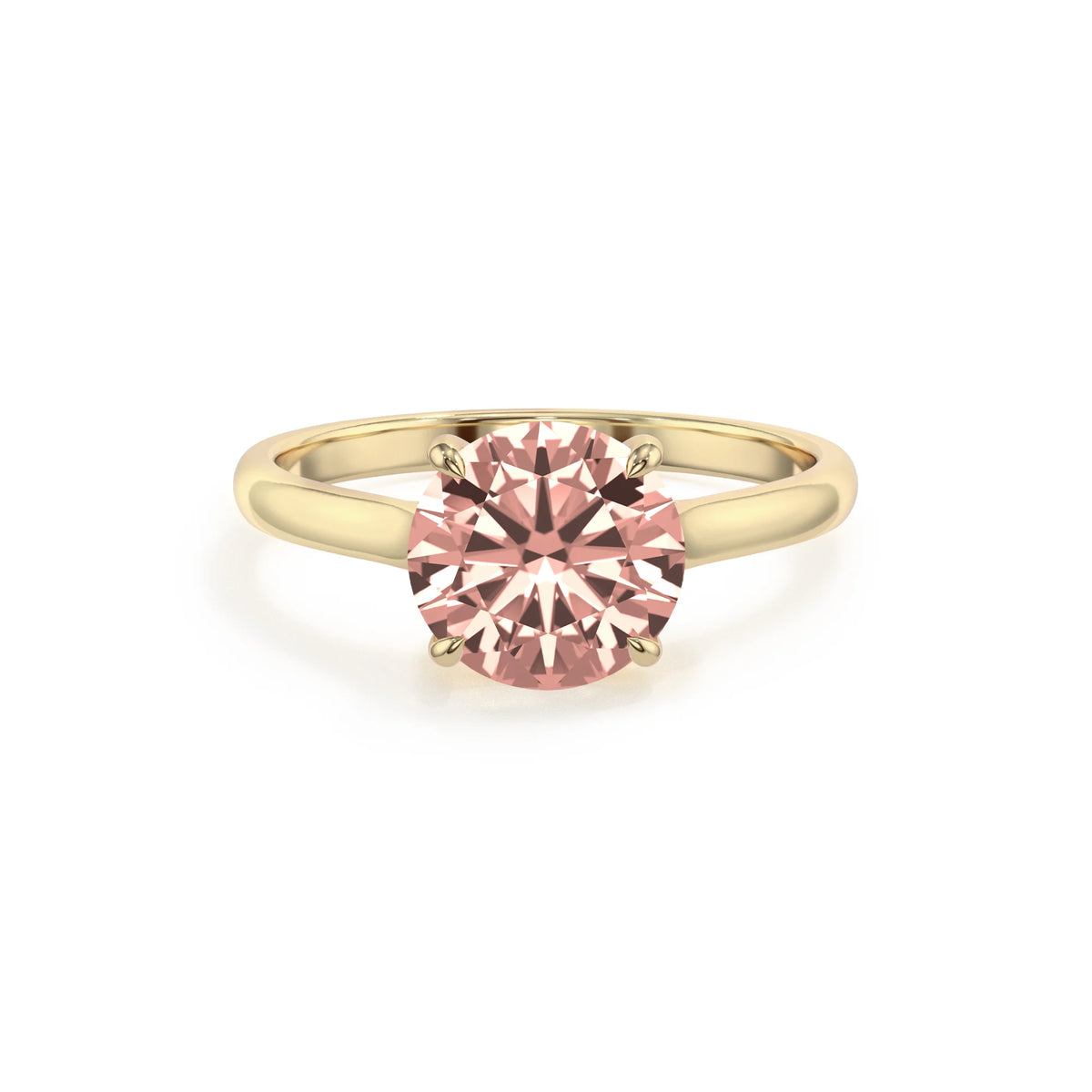 lab grown morganite round solitaire rings in yellow gold 