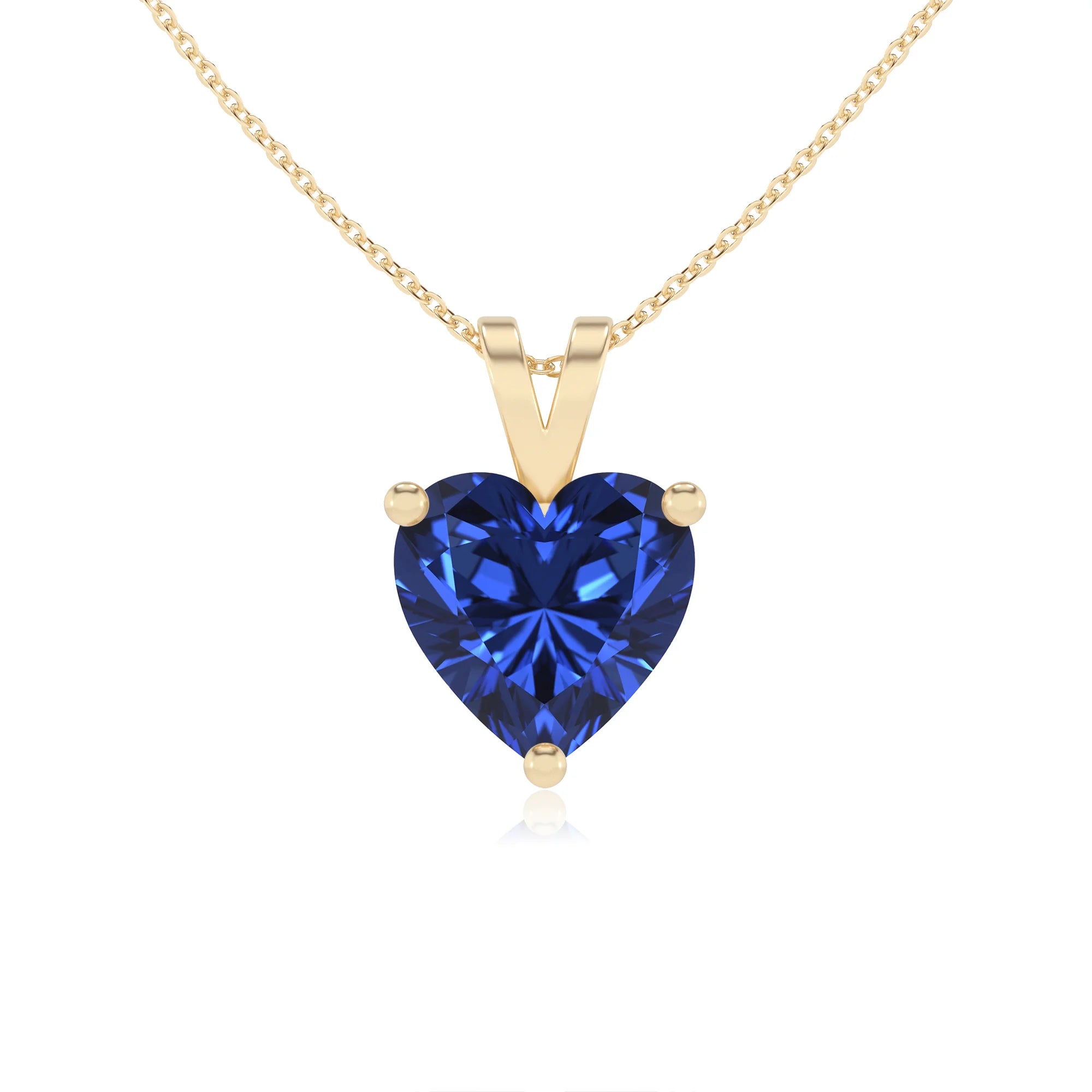 lab grown blue-sapphire heart solitaire v-bale necklaces in yellow gold 
