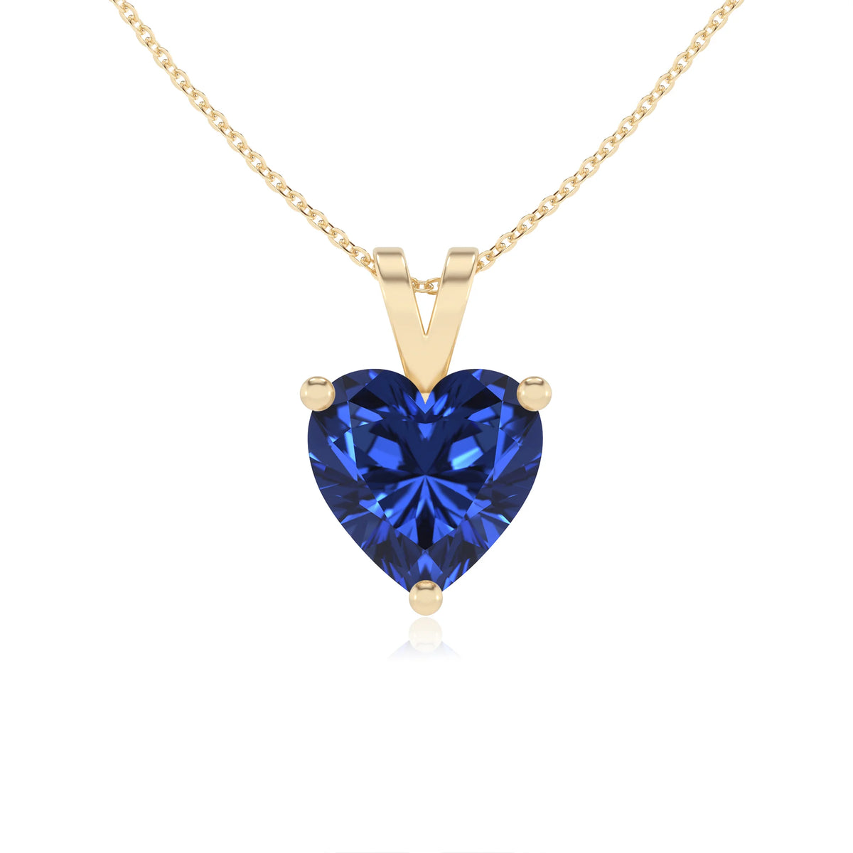 lab grown blue-sapphire heart solitaire v-bale necklaces in yellow gold 