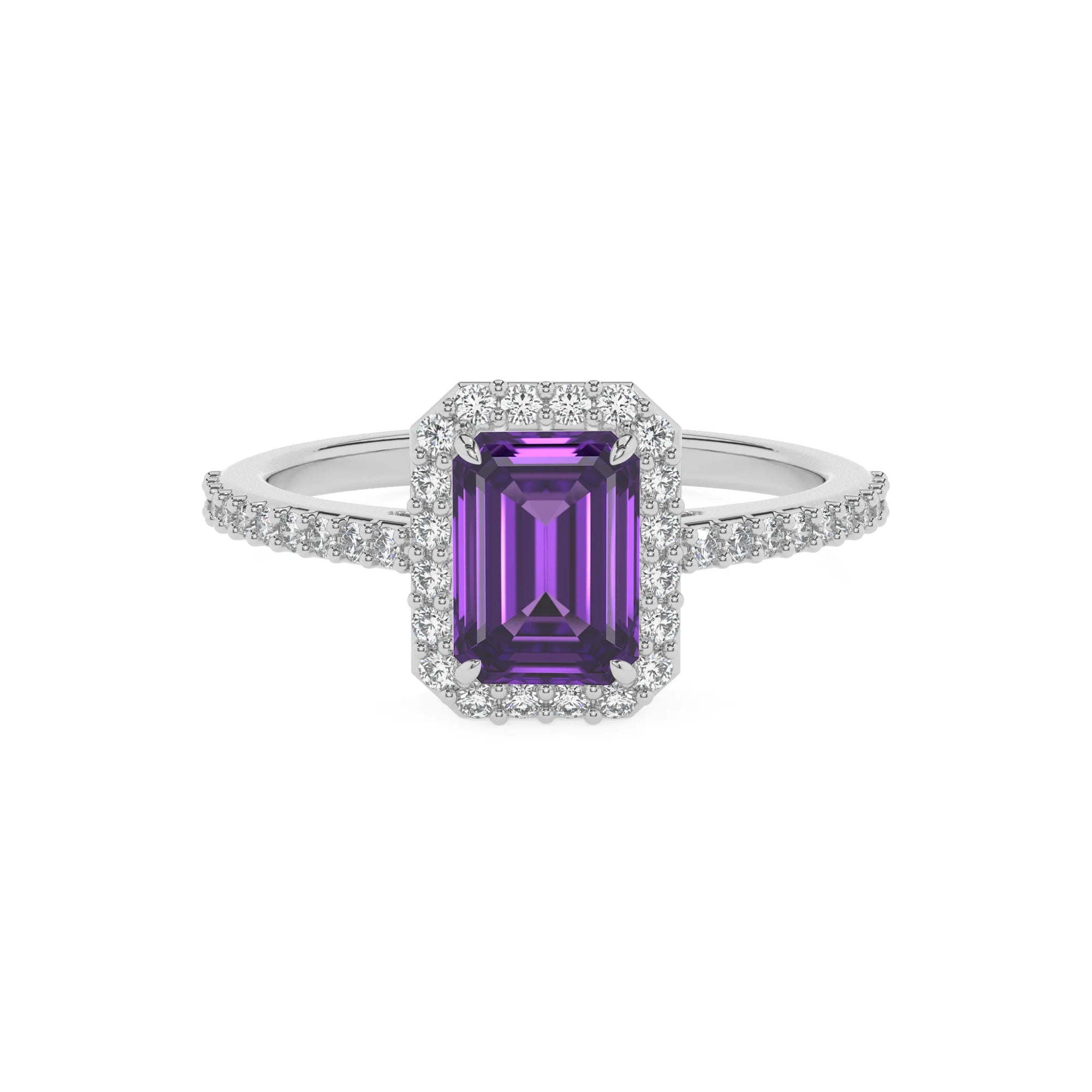 lab grown amethyst emerald cut solitaire rings in sterling silver 