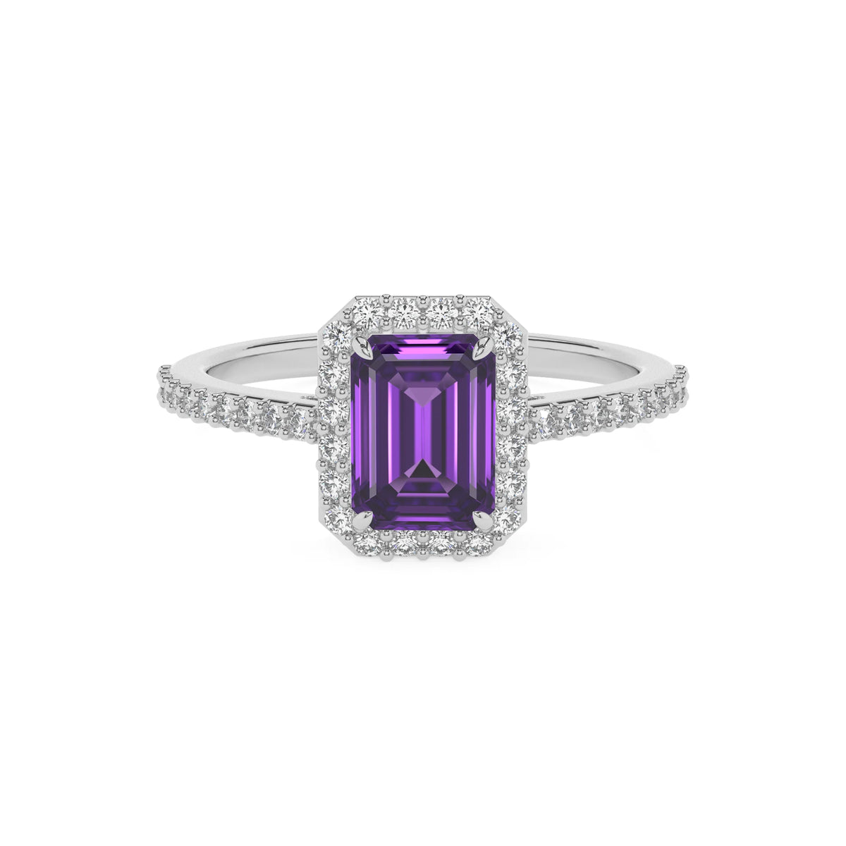 lab grown amethyst emerald cut solitaire rings in sterling silver 