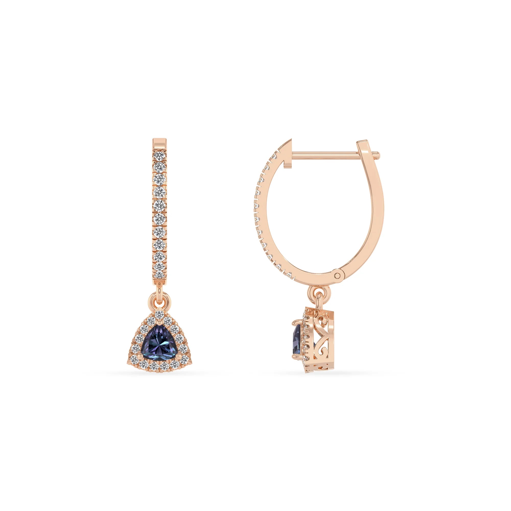 lab grown alexandrite trillion drop earrings in rose gold 
