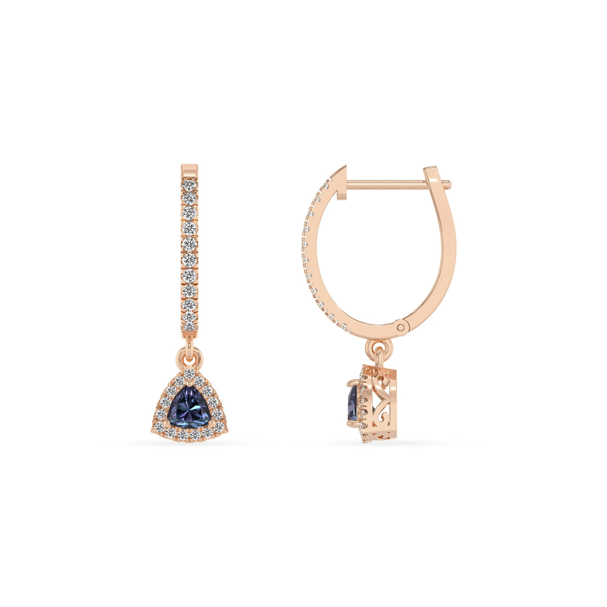 lab grown alexandrite trillion drop earrings in rose gold 