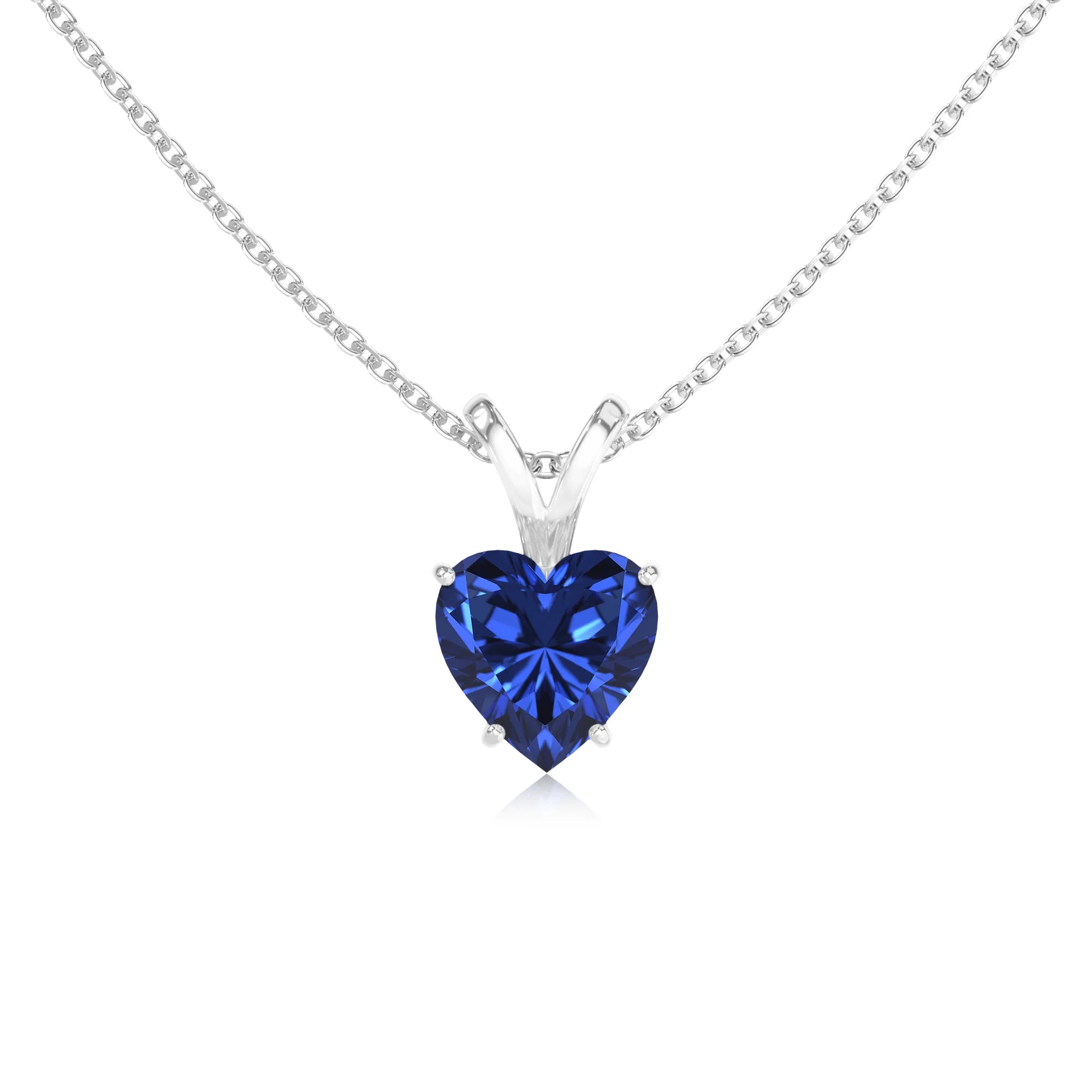 lab grown blue-sapphire heart solitaire v-bale necklaces in sterling silver 