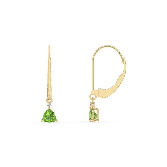 natural peridot trillion drop earrings in yellow gold 