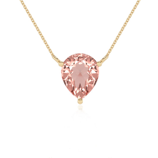 lab grown morganite pear solitaire necklaces in yellow gold 