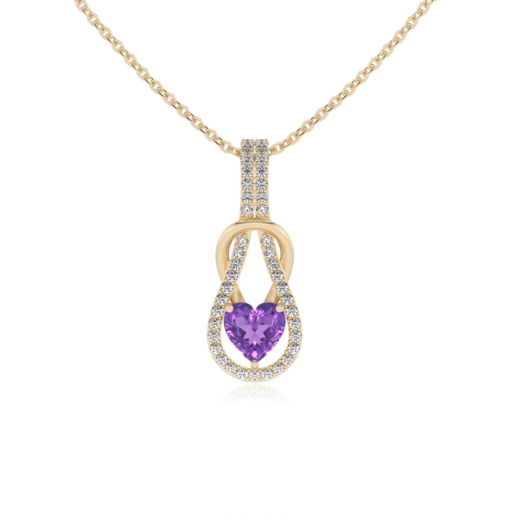 lab grown amethyst heart infinity  v-bale necklaces in yellow gold 