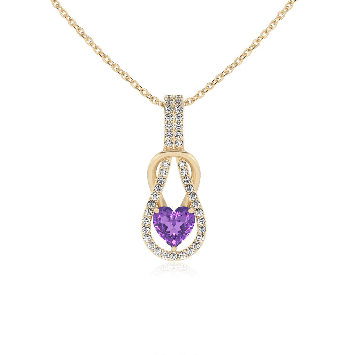 lab grown amethyst heart infinity  v-bale necklaces in yellow gold 