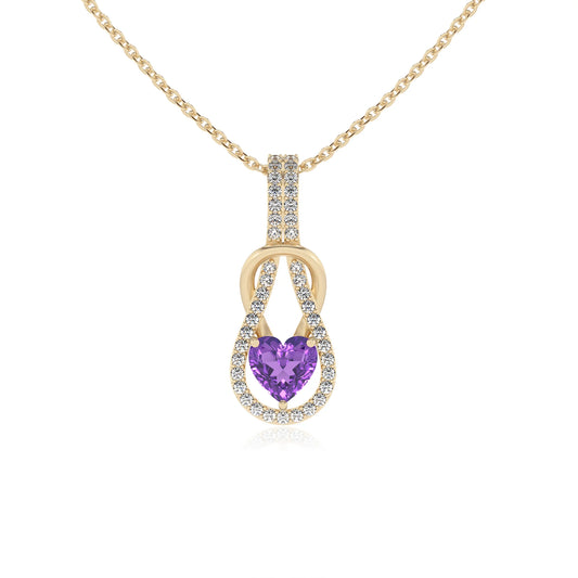 lab grown amethyst heart infinity  v-bale necklaces in yellow gold 