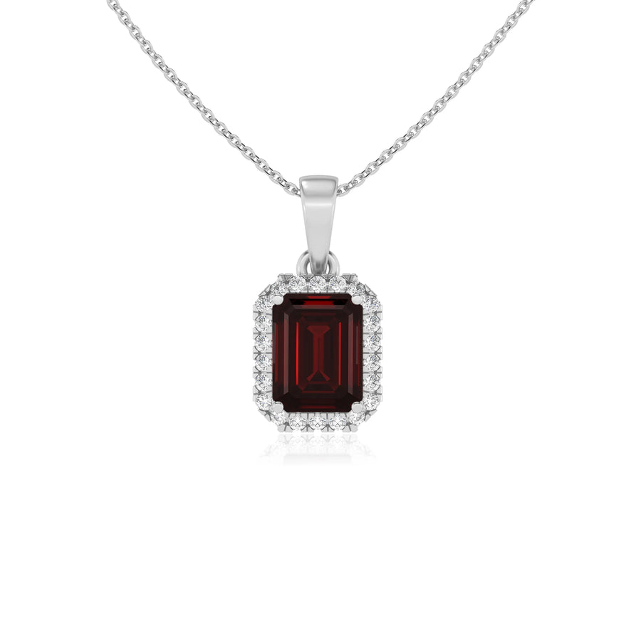 natural garnet emerald cut solitaire necklaces in white gold 