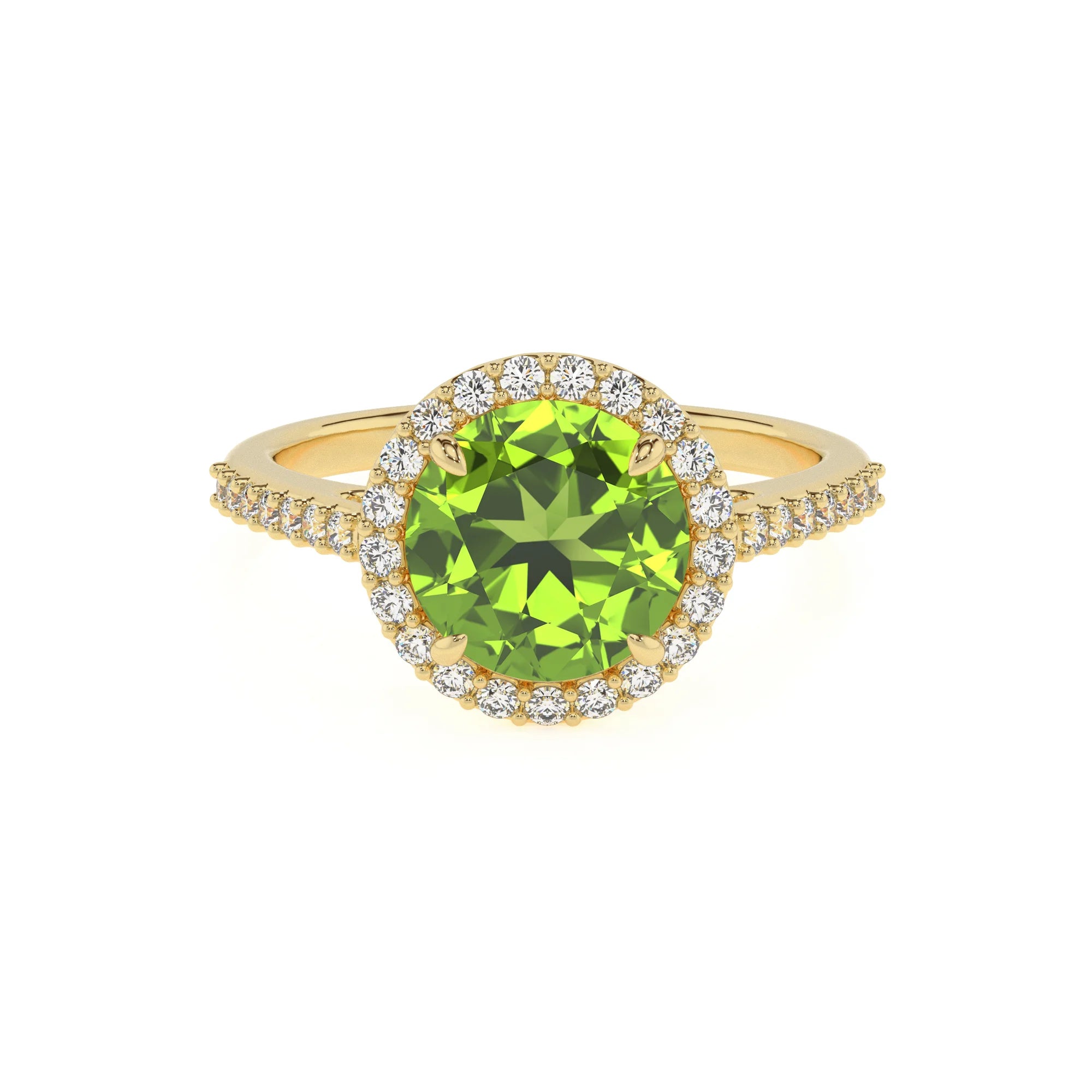 natural peridot round solitaire rings in yellow gold 