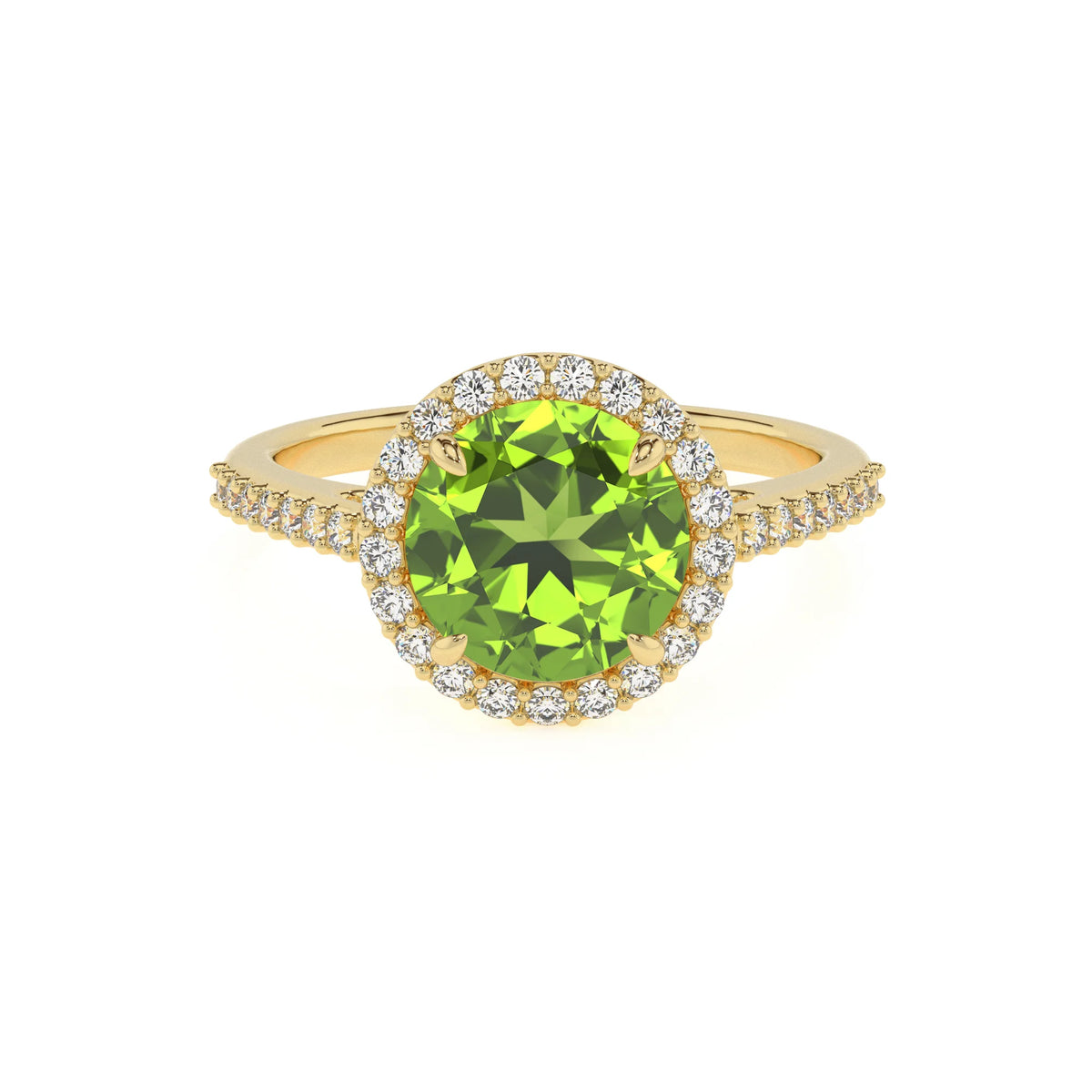 natural peridot round solitaire rings in yellow gold 