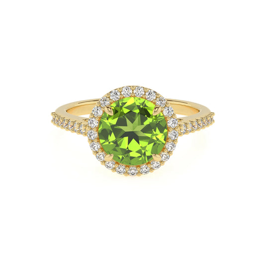 natural peridot round solitaire rings in yellow gold 