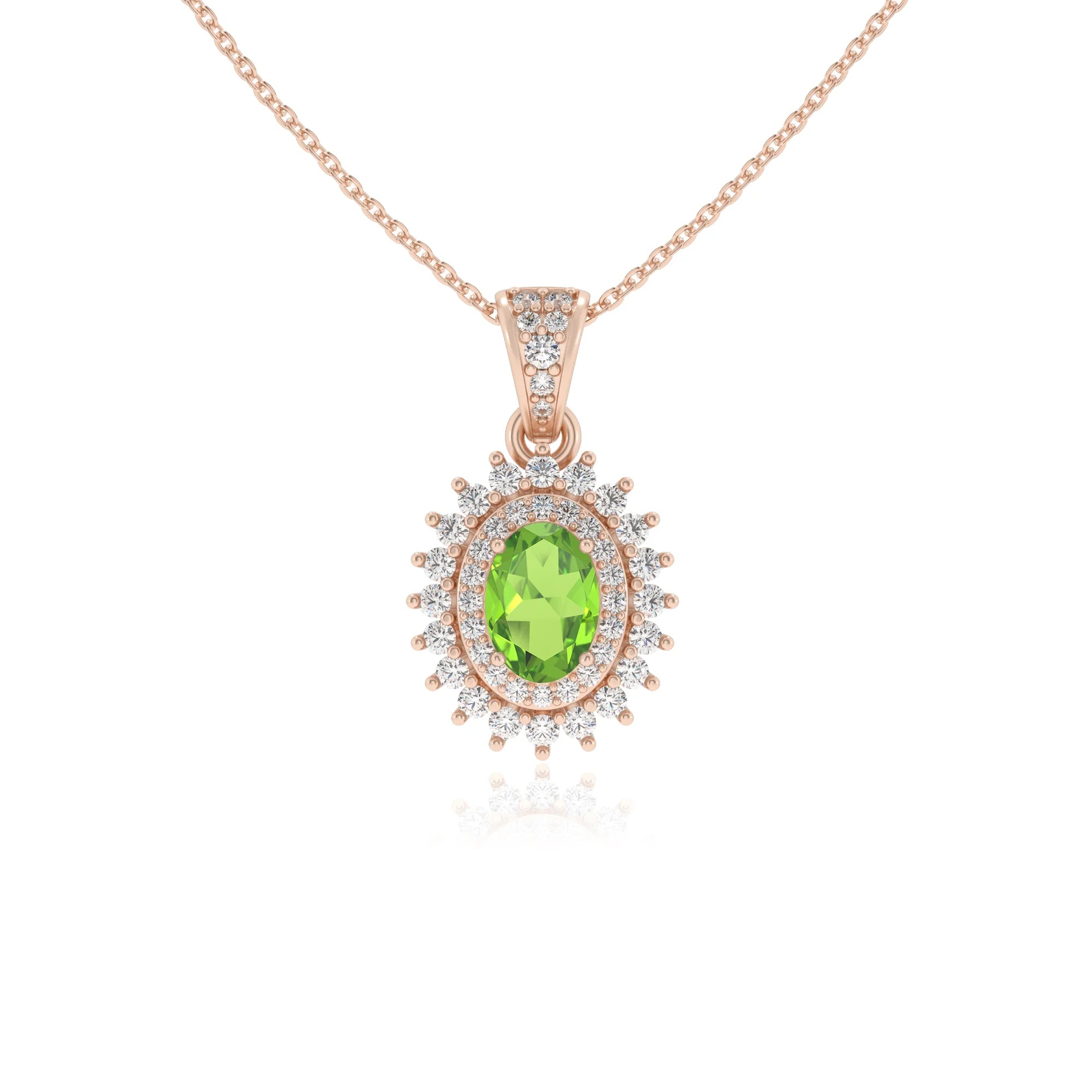 natural peridot oval halo necklaces in rose gold 