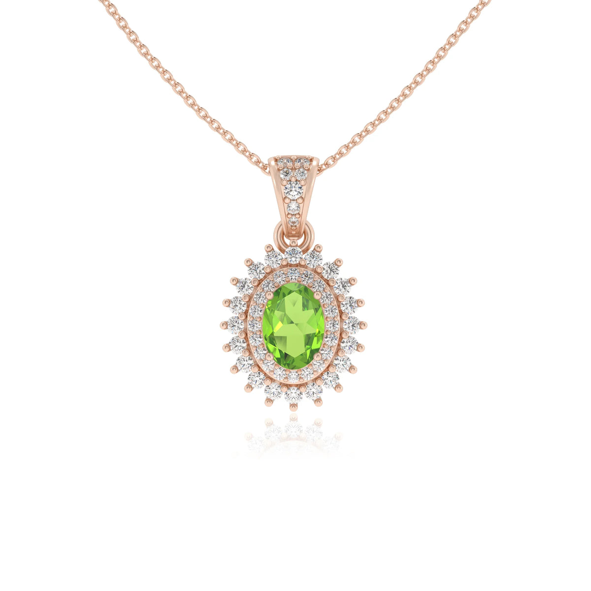 natural peridot oval halo necklaces in rose gold 