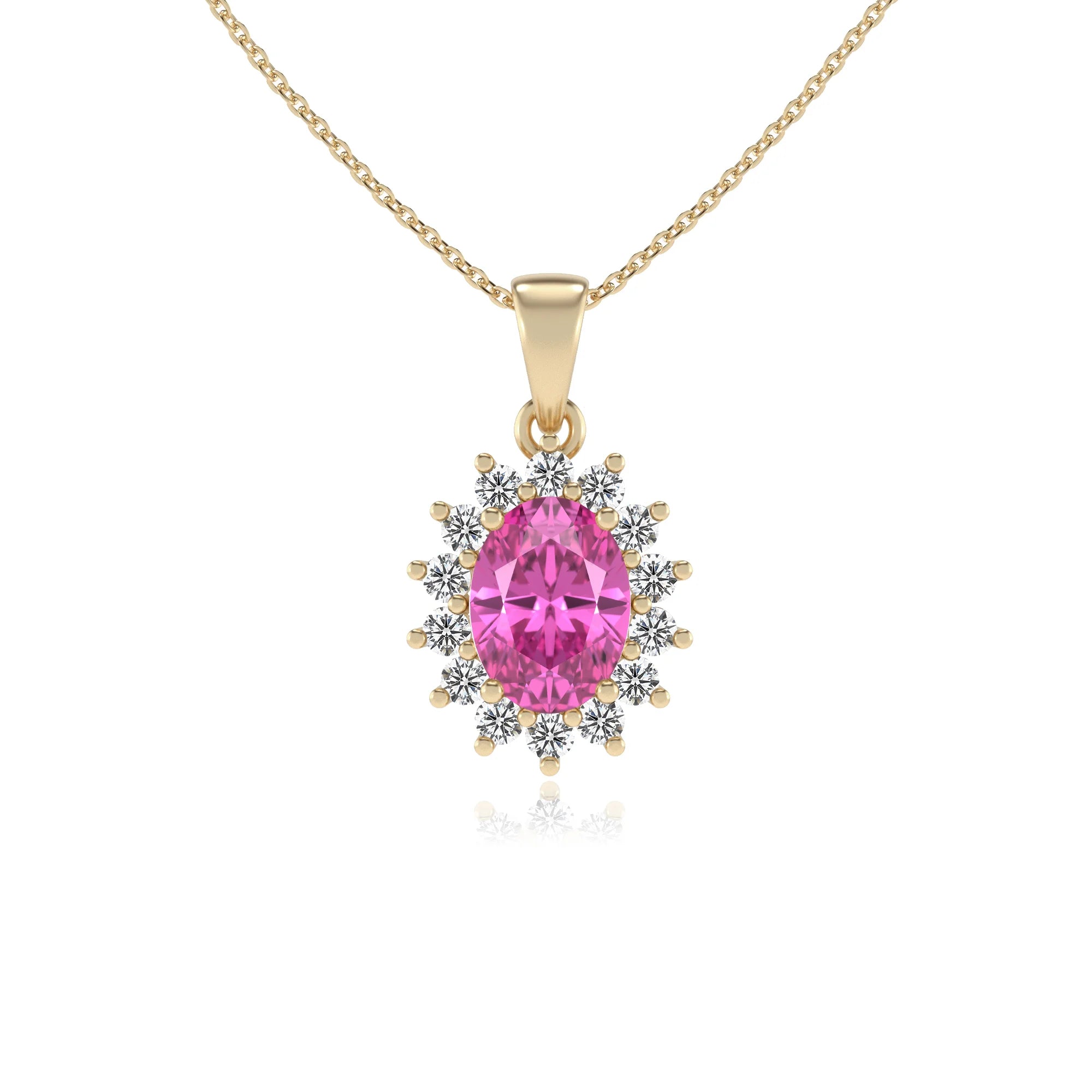 lab grown pink-sapphire oval halo necklaces in yellow gold 