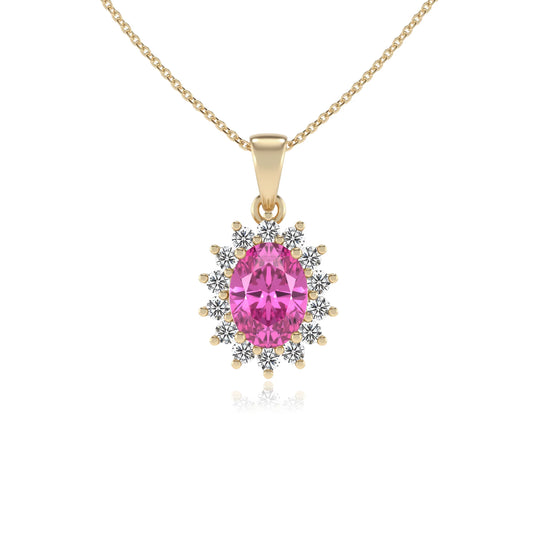 lab grown pink-sapphire oval halo necklaces in yellow gold 