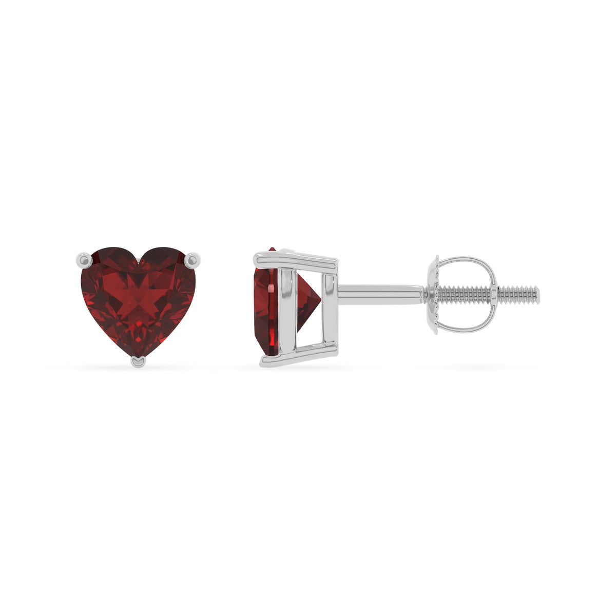 natural garnet heart stud earrings in white gold 