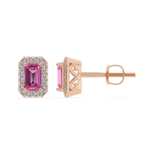 lab grown pink sapphire emerald cut stud earrings in rose gold 