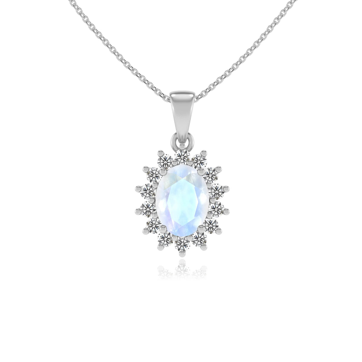 natural rainbow-moonstone oval halo necklaces in platinum 